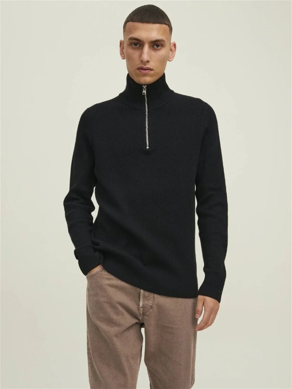 Jack & Jones Black Rib Knit Half Zip Sweater/14780
